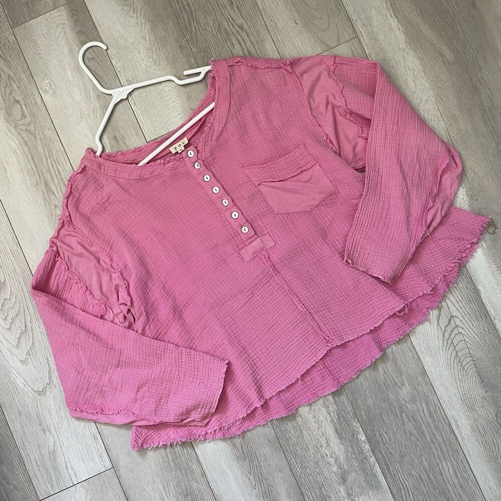 Cotton Gauze Top pol oversized henley womens Pink (small) bohemian coastal beach